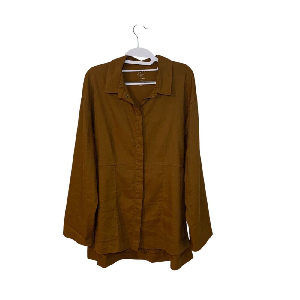 Aday Womens Brown Relax I’m Flax Linen Blend Snap Button Up Top L Lagenlook